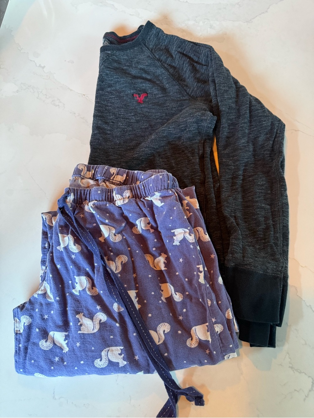 American Eagle Outfitters Charcoal Top with Blue Squirrel-Print Pajama Bottoms